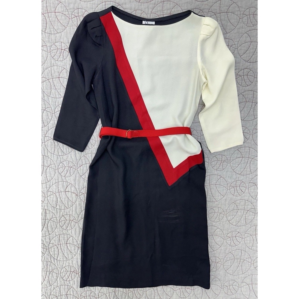 VTG Pacino California Colorblock Sheath Dress Red Black Cream Belted / Women's 6